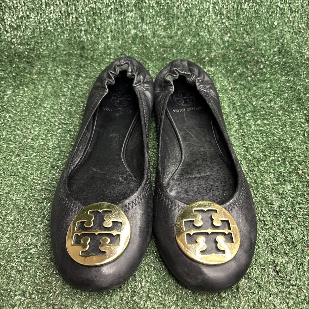 Tory Burch Women's 8 M Black Leather Ballet‎ Flats Round Toe Slip On Logo Accent